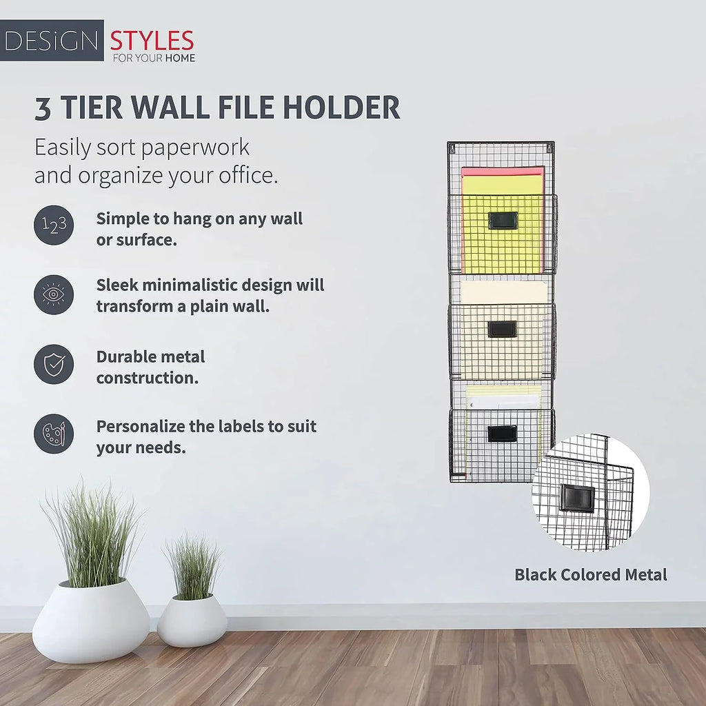 Black Wired 3 Tier Wall File Holder