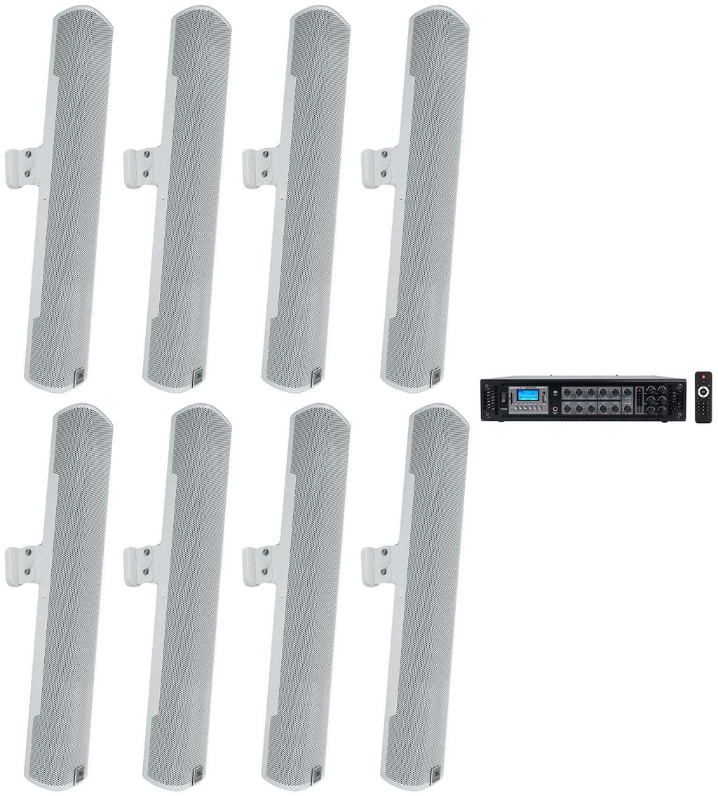 (8)  COL600- 24" White 70V Commercial Column Wall Mount Array Speakers+Amp
