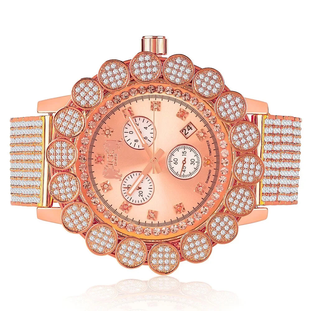 Men's Real Diamond Khronos Watch 14k Rose Gold Tone Big Face Flower Bezel Full Iced Out Band W/Date