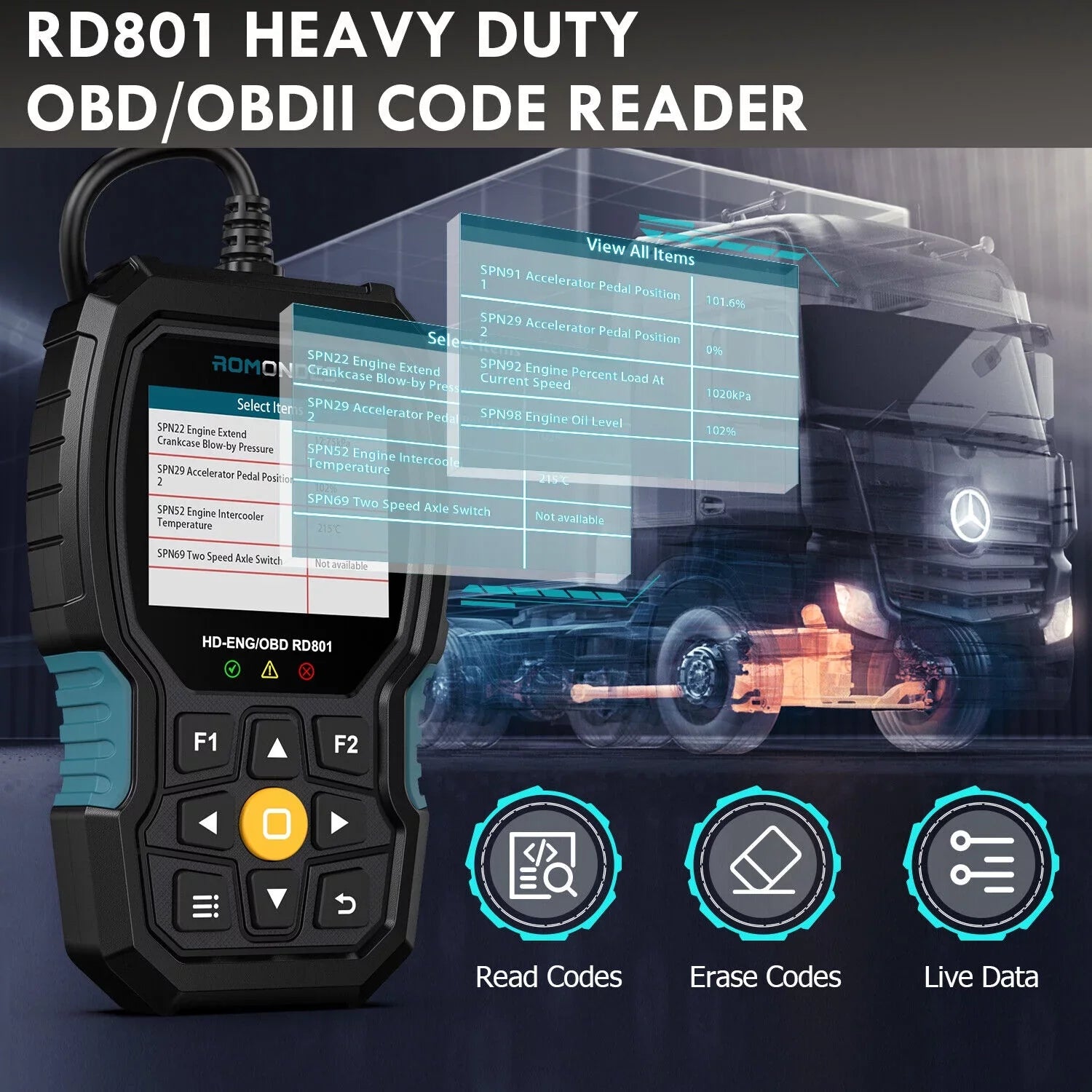 Romondes RD801 Heavy Duty Truck Diagnostic OBD2 Scanner Code Reader Tools Diesel Truck Scanner  Oil Reset
