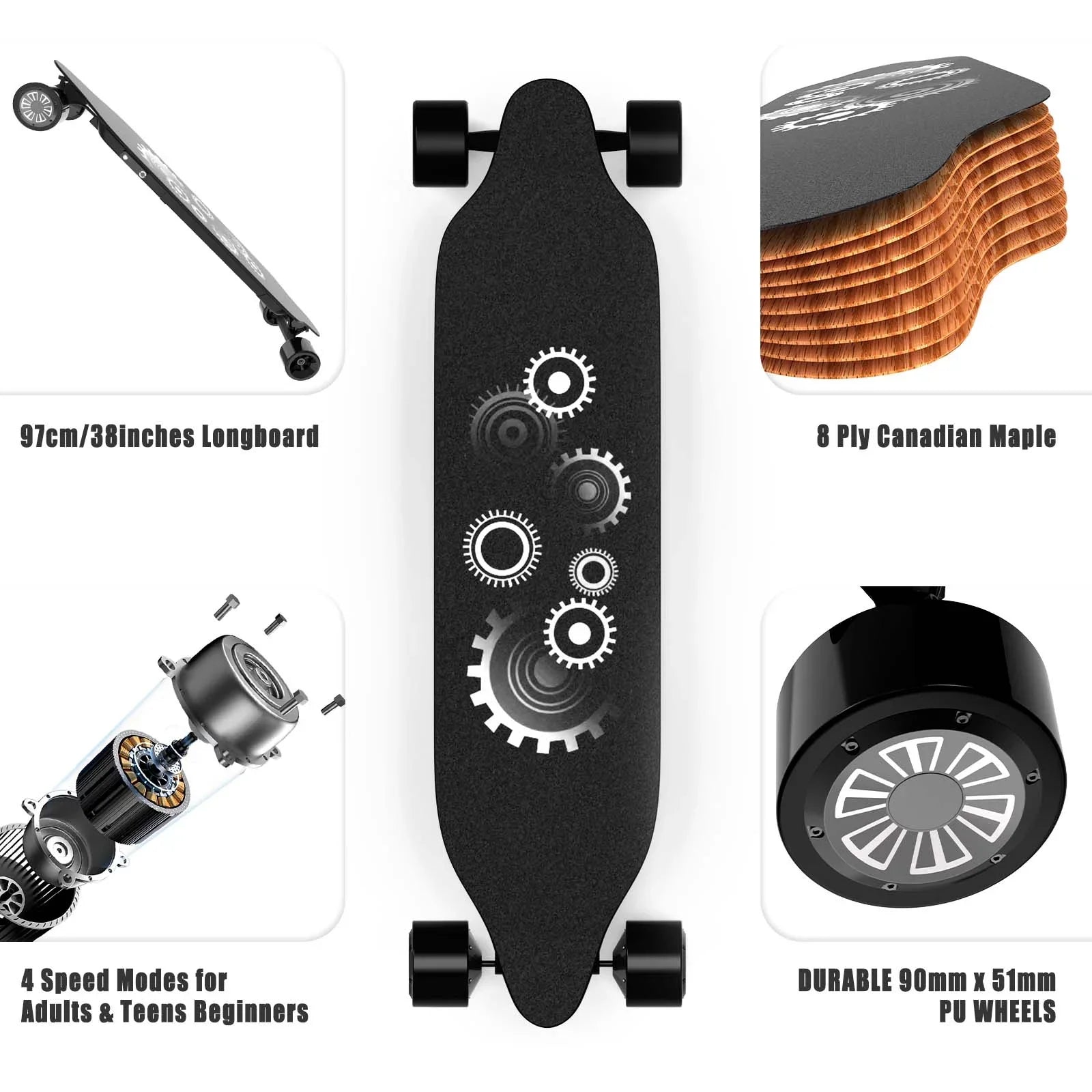 Electric Skateboard, Electric Longboard with 1200W Motor, 25 Mph Top Speed & 15 Miles Range, 4-Speed Modes Skateboards and Remote Control