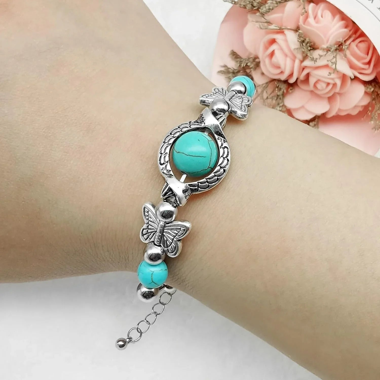 New Turquoise Bracelet, Classic Luxury Ladies Summer Unique Design Beaded Faux Gemstone Palm Bracelet Jewelry, Western Bohemian Style Jewelry Ladies Gift