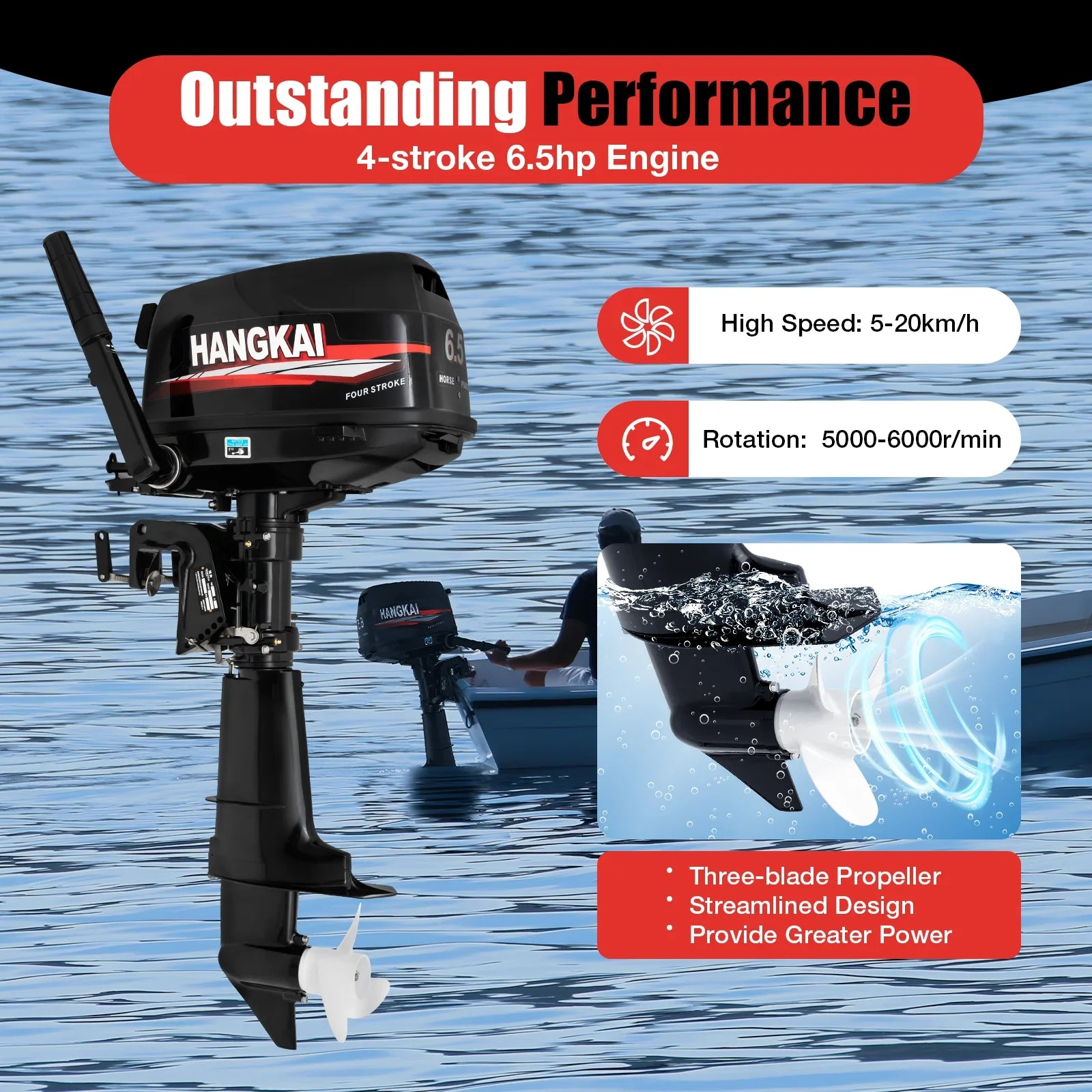 Anqidi 6.5HP 4 Stroke Outboard Motor 123CC Heavy Duty Boat Engine with Single Cylinder Water Cooling System &  Ignition Tiller Control Max 6000r/min