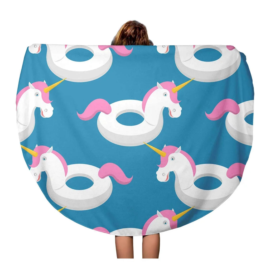 60 inch Round Beach Towel Blanket Blue Inflatable Unicorn Pattern Magic Beast Toy for Swimming Travel Circle Circular Towels Mat Tapestry Beach Throw