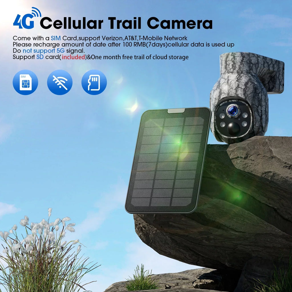 Cellular Trail Camera Wireless 4G , Solar Game Camera with 360°Pan 90°Tilt, 2K Night Vision, Live View, Waterproof, Cloud Storage,  Motion, No WiFi Hunting Security Cam with  & Card