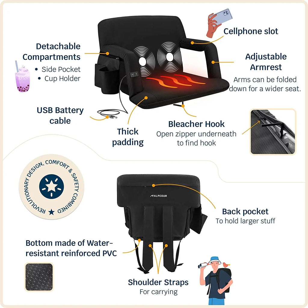 Alpcour X-Wide Heated Massage Reclining Stadium Seat - Extra Thick Waterproof Chair with Wide Back Support - Black