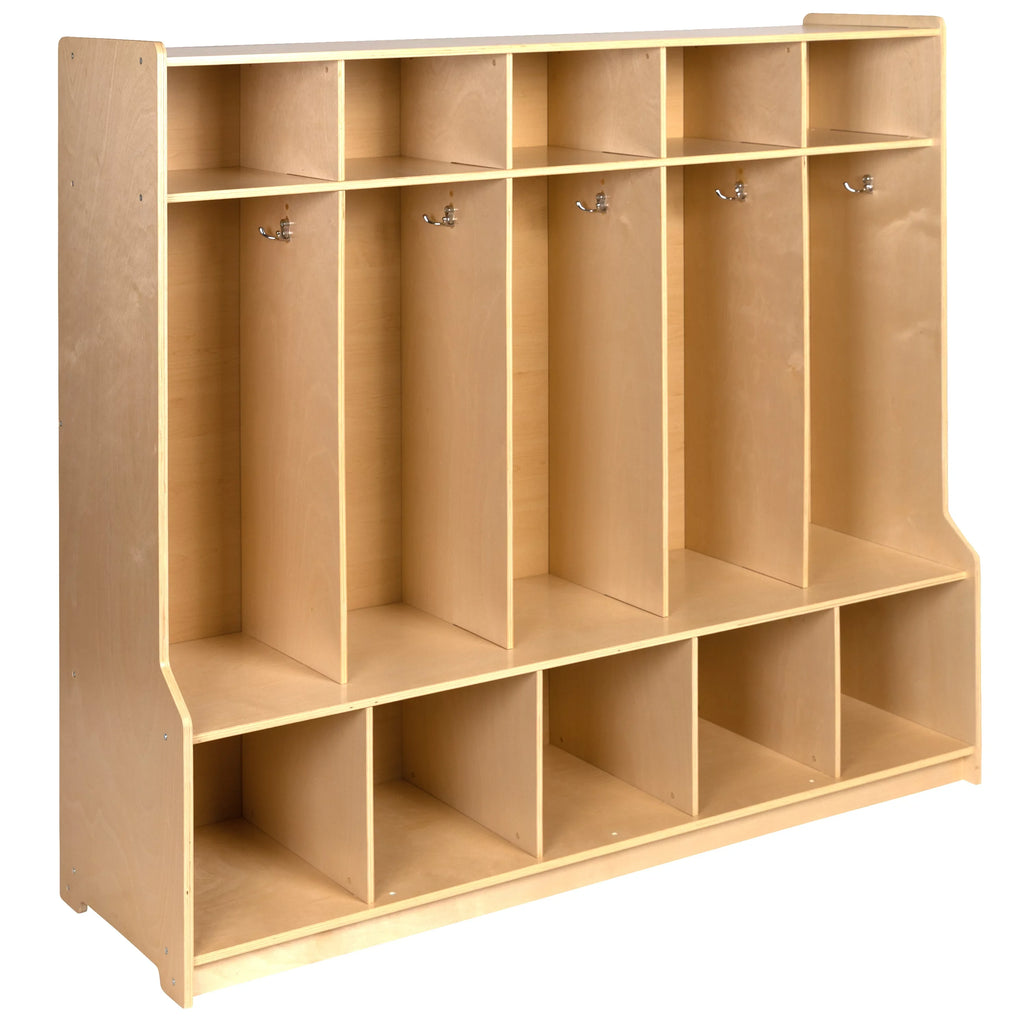 BizChair Wooden 5 Section School Coat Locker with Bench, Cubbies, and Storage Organizer Hook-Safe, Kid Friendly Design - 48"H x 48"L (Natural)