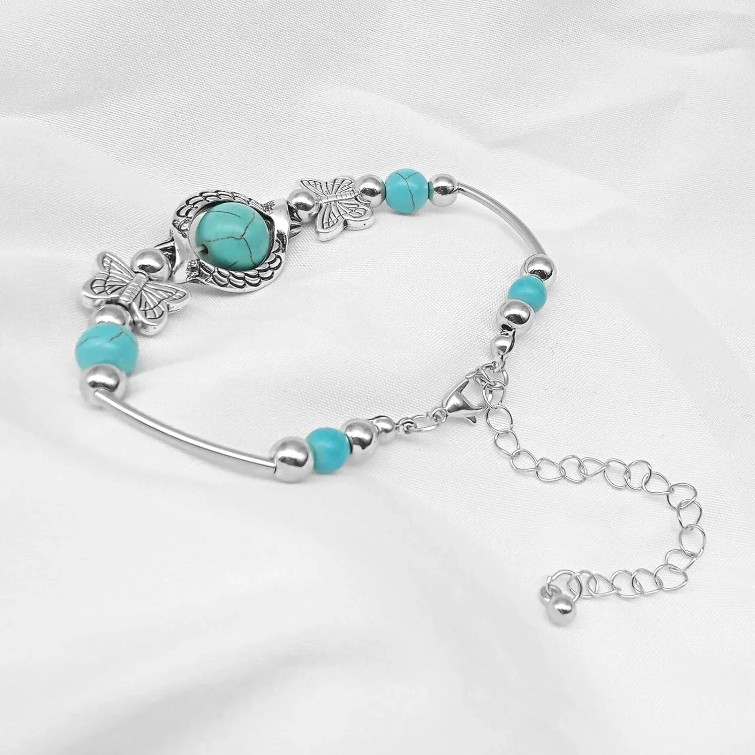 New Turquoise Bracelet, Classic Luxury Ladies Summer Unique Design Beaded Faux Gemstone Palm Bracelet Jewelry, Western Bohemian Style Jewelry Ladies Gift