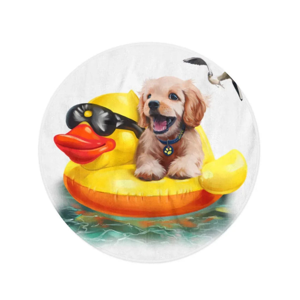 60 inch Round Beach Towel Blanket Beach Puppy Floats on Inflatable Duck Watercolor Drawing Labrador Travel Circle Circular Towels Mat Tapestry Beach Throw