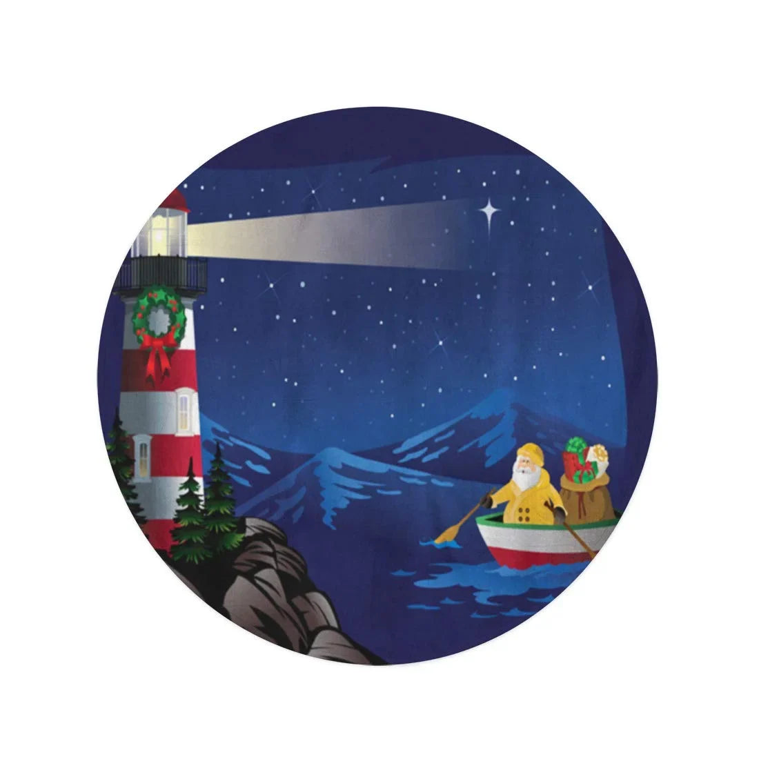60 inch Round Beach Towel Blanket Christmas Santa Rowing Boat Bringing to Lighthouse Nautical Row Travel Circle Circular Towels Mat Tapestry Beach Throw