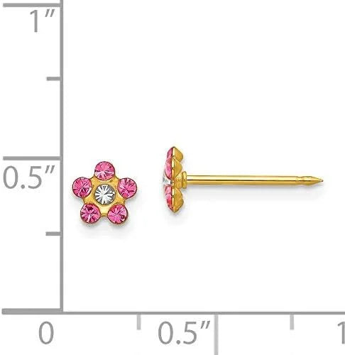 Solid Inverness 14k Yellow Gold Rose/Aurora Borealis Crystal Flower Earrings - 5mm
