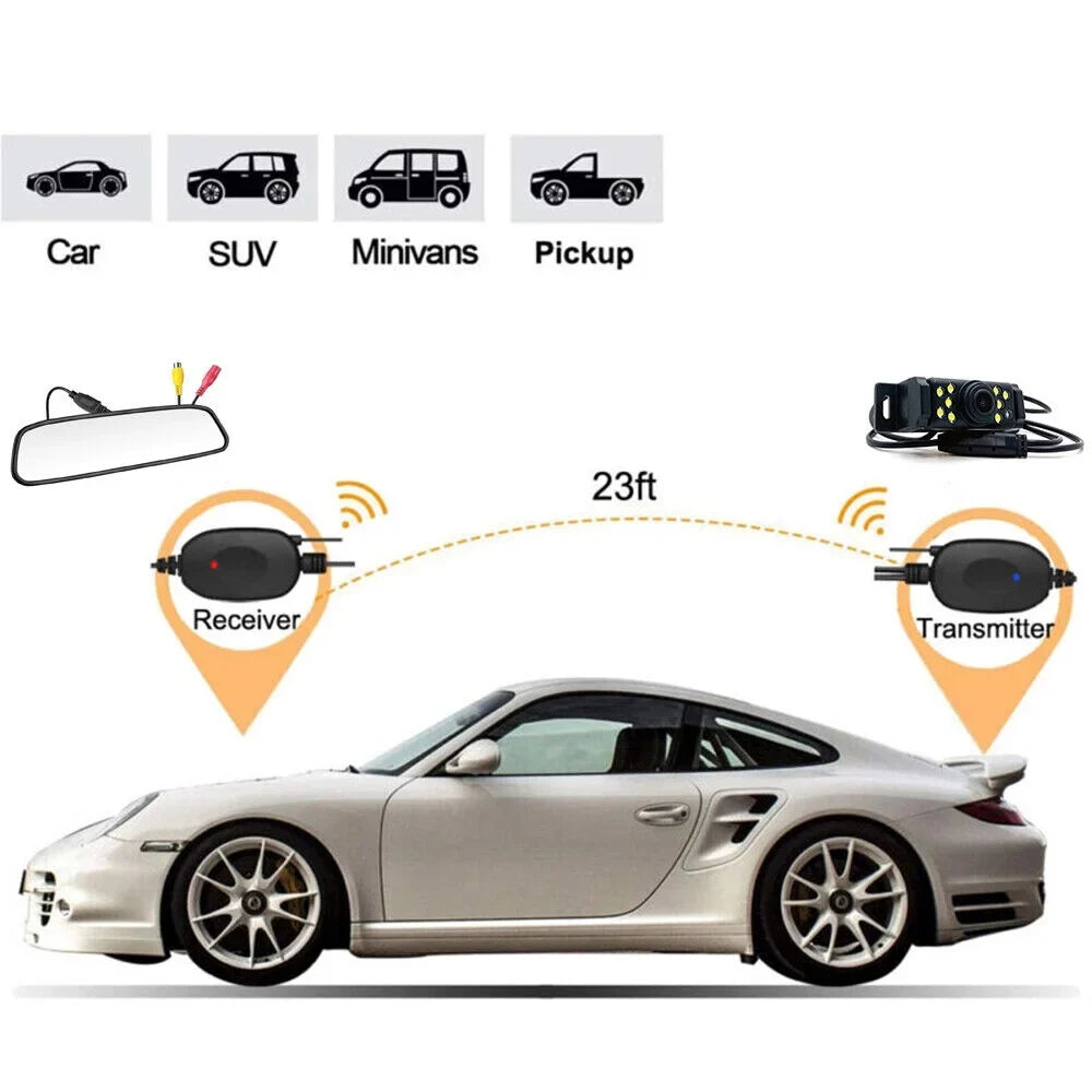 Wireless Car Backup Camera Rear View System  Night Vision + 5" Mirror Monitor