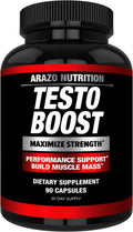 Arazo Nutrition TestoBoost Test Booster Supplement - Potent & Natural Herbal Pills - Boost Muscle Growth - Tribulus, Horny Goat Weed, Hawthorn, Zinc, Minerals - 90 Capsules