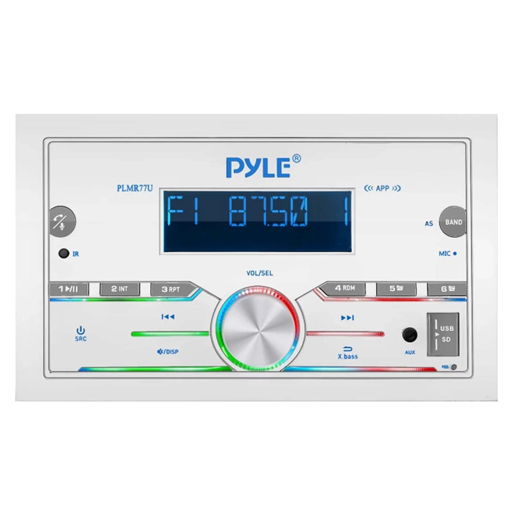 21-29' Pontoon Boat Audio Bundle: Pyle Double  Bluetooth Marine Receiver, 4x 6.5'' Waterproof White Speakers, 4-Channel Amplifier, Amp Installation Kit, 18 Gauge 50  Speaker Wire, Radio Antenna