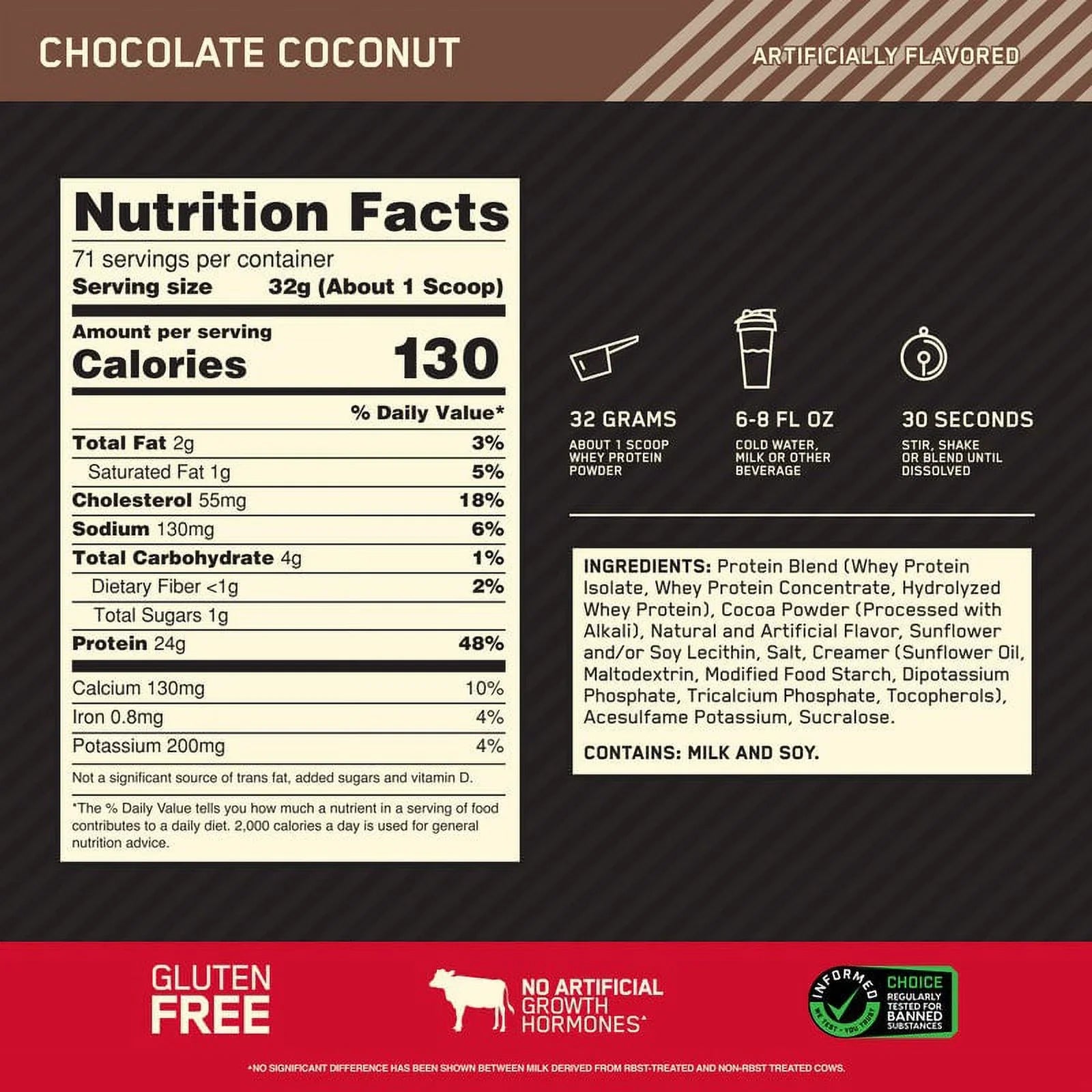 Optimum Nutrition, Gold Standard 100% Whey Protein Powder, Chocolate Coconut, 5 lb, 71 Servings