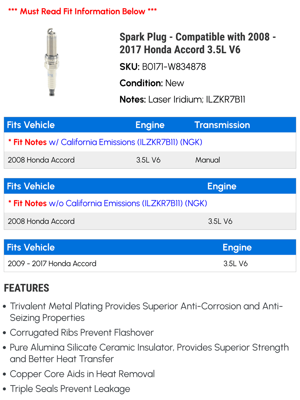 Spark Plug - Compatible with 2008 - 2017 Honda Accord 3.5L V6 2009 2010 2011 2012 2013 2014 2015 2016