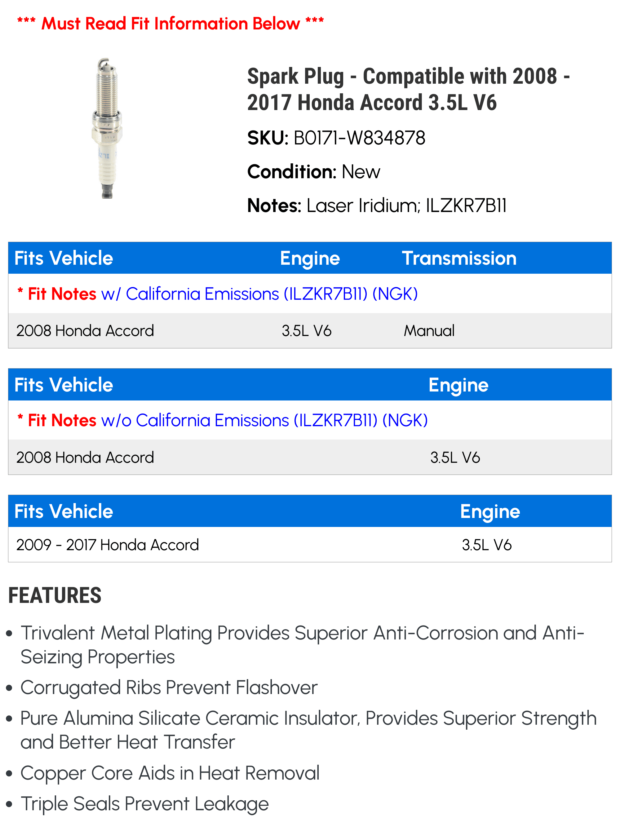 Spark Plug - Compatible with 2008 - 2017 Honda Accord 3.5L V6 2009 2010 2011 2012 2013 2014 2015 2016
