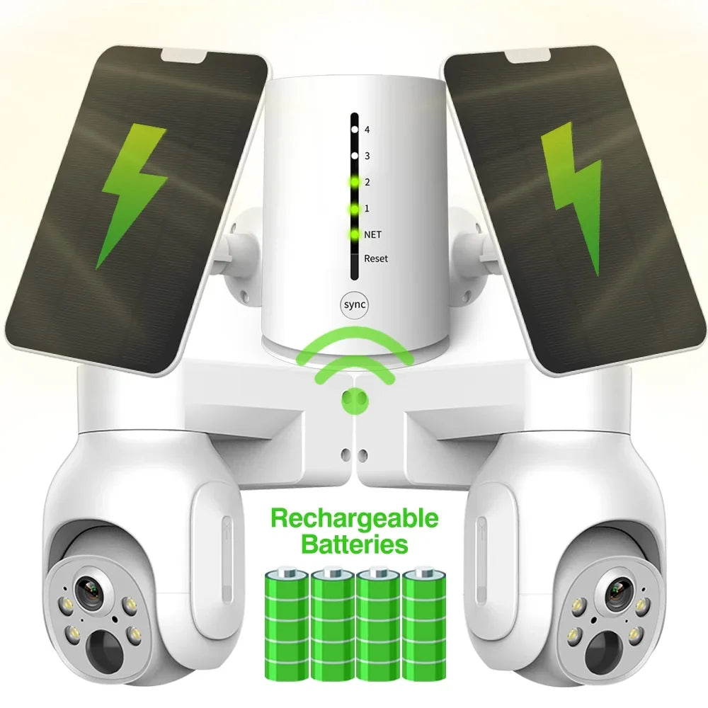 System 2Pcs 4MP Rechargeable Battery WiFi   Camera Kit with Solar Panels,4CH Base Station,Wireless Technology,Night Vision,Motion Detection