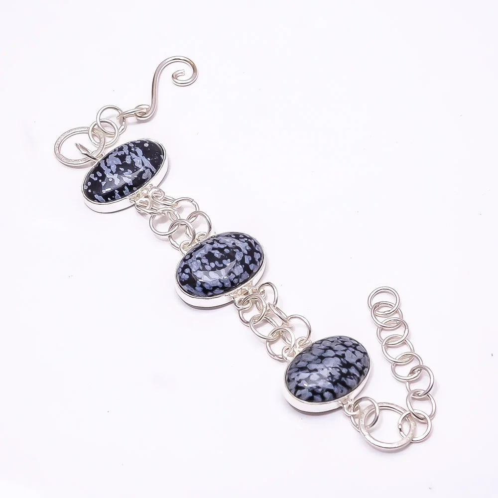 Snowflake Obsidian -Utah 925 Silver Plated Adjustable Bracelet 7.99", Black Snowflake Obsidian Bracelet B_9205_388_14