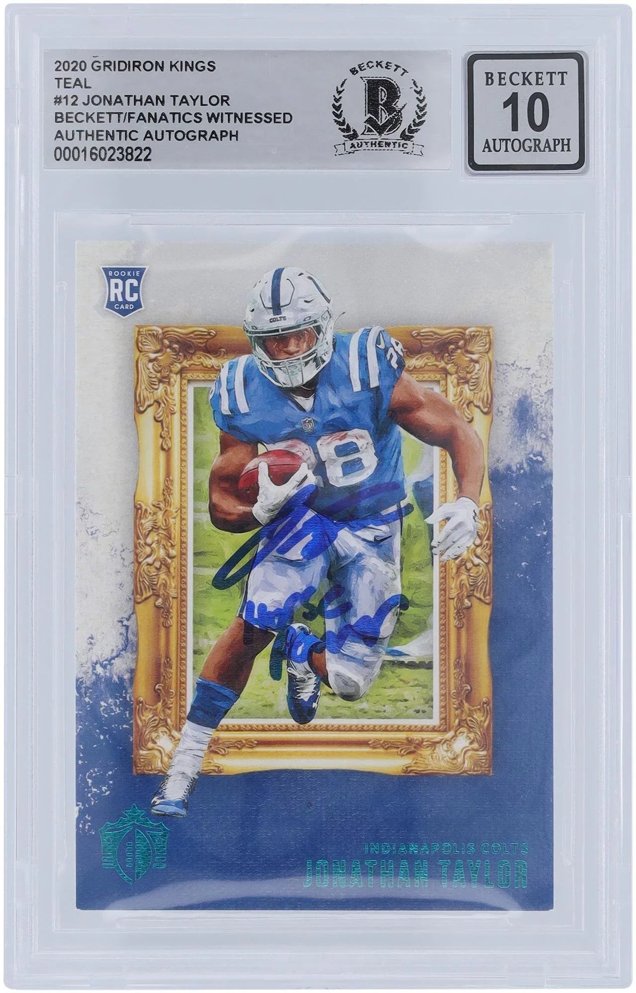 Jonathan Taylor Indianapolis Colts Autographed 2020 Panini Gridiron Kings Teal #-12 Beckett Fanatics Witnessed Authenticated 10 Rookie Card with "Horse Power" Inscription - Fanatics Authentic