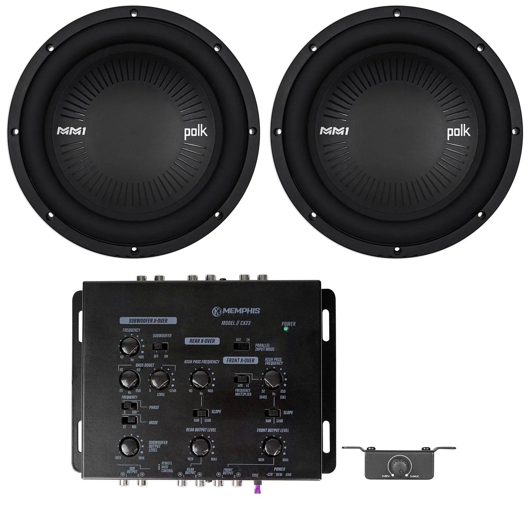 (2) Polk Audio MM1042DVC 10” 1200w Car/Marine Audio Subwoofers Subs+Crossover