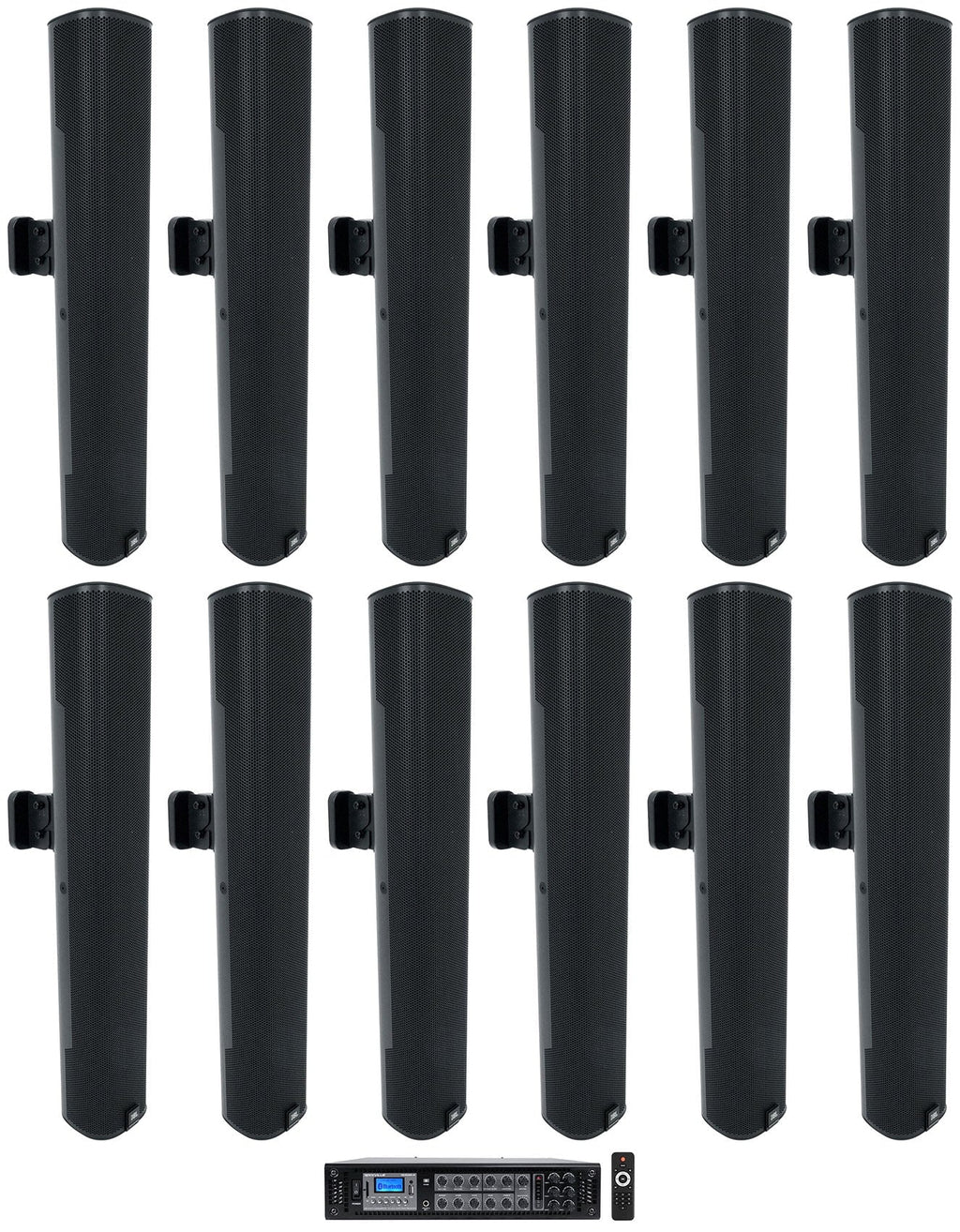 (12)  COL600- 24" Black 70V Commercial Column Wall Mount Array Speakers+Amp