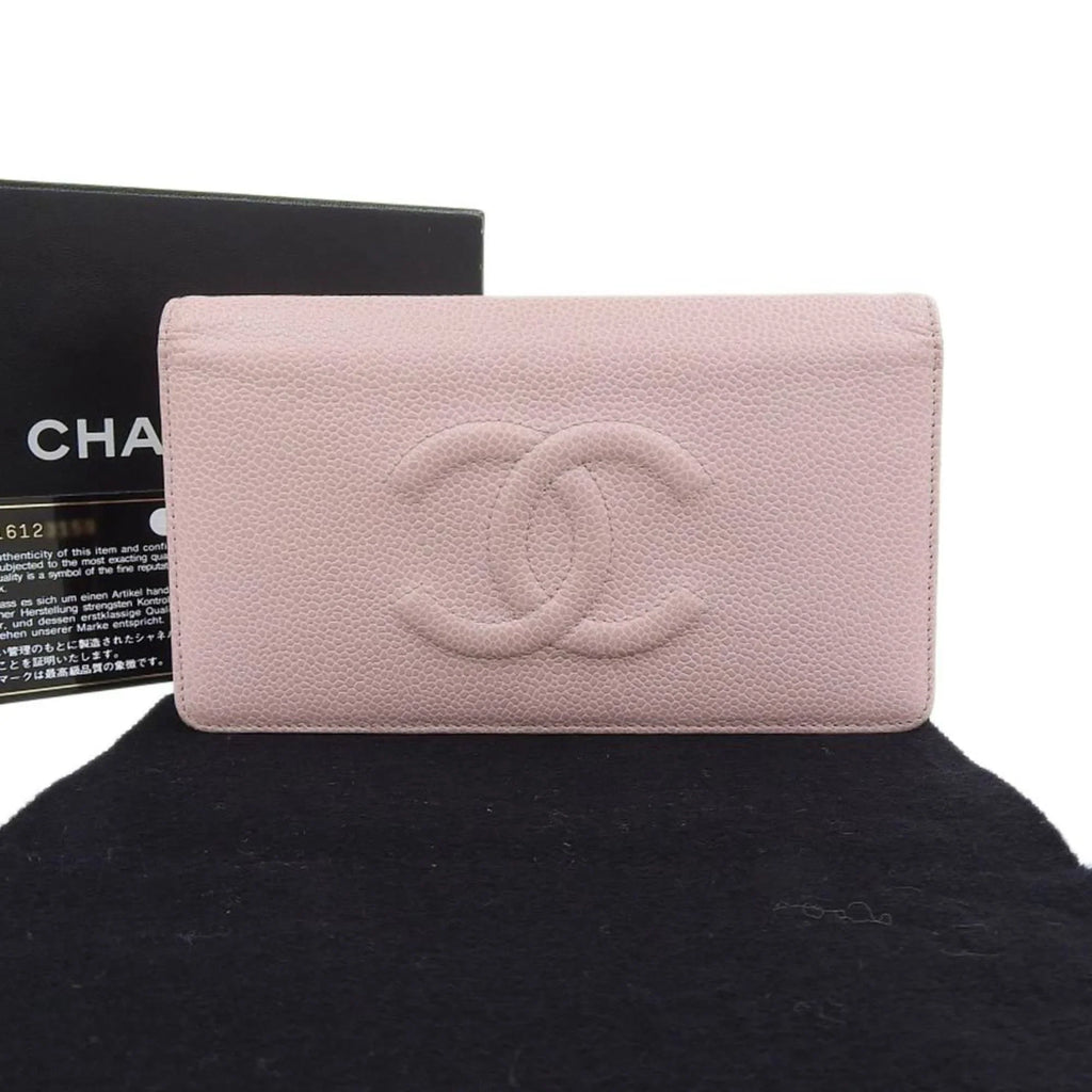 Pre-Owned Chanel  logo here mark bi-fold long wallet caviar skin pink A48651 16 series (Good)