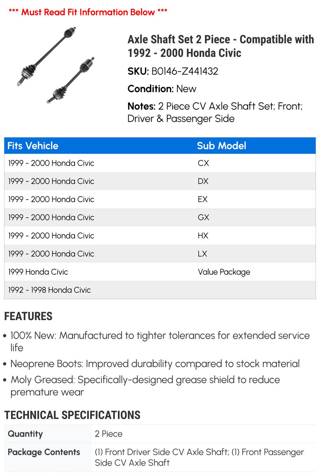 Axle Shaft Set 2 Piece - Compatible with 1992 - 2000 Honda Civic 1993 1994 1995 1996 1997 1998 1999
