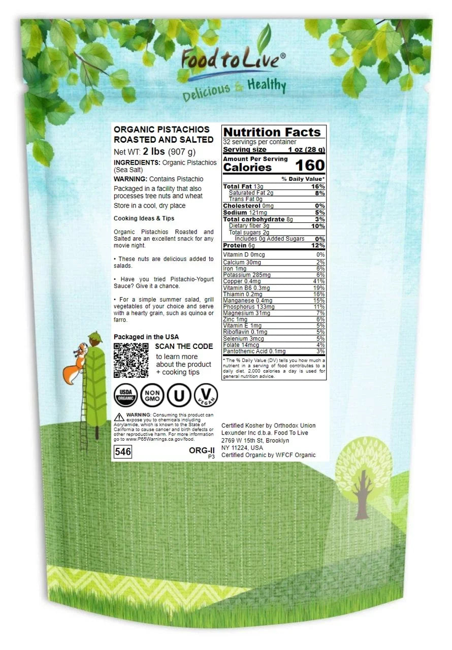 Food to Live Organic California Pistachios (In Shell, Roasted and Salted, Non-, Bulk) (2 Pounds)