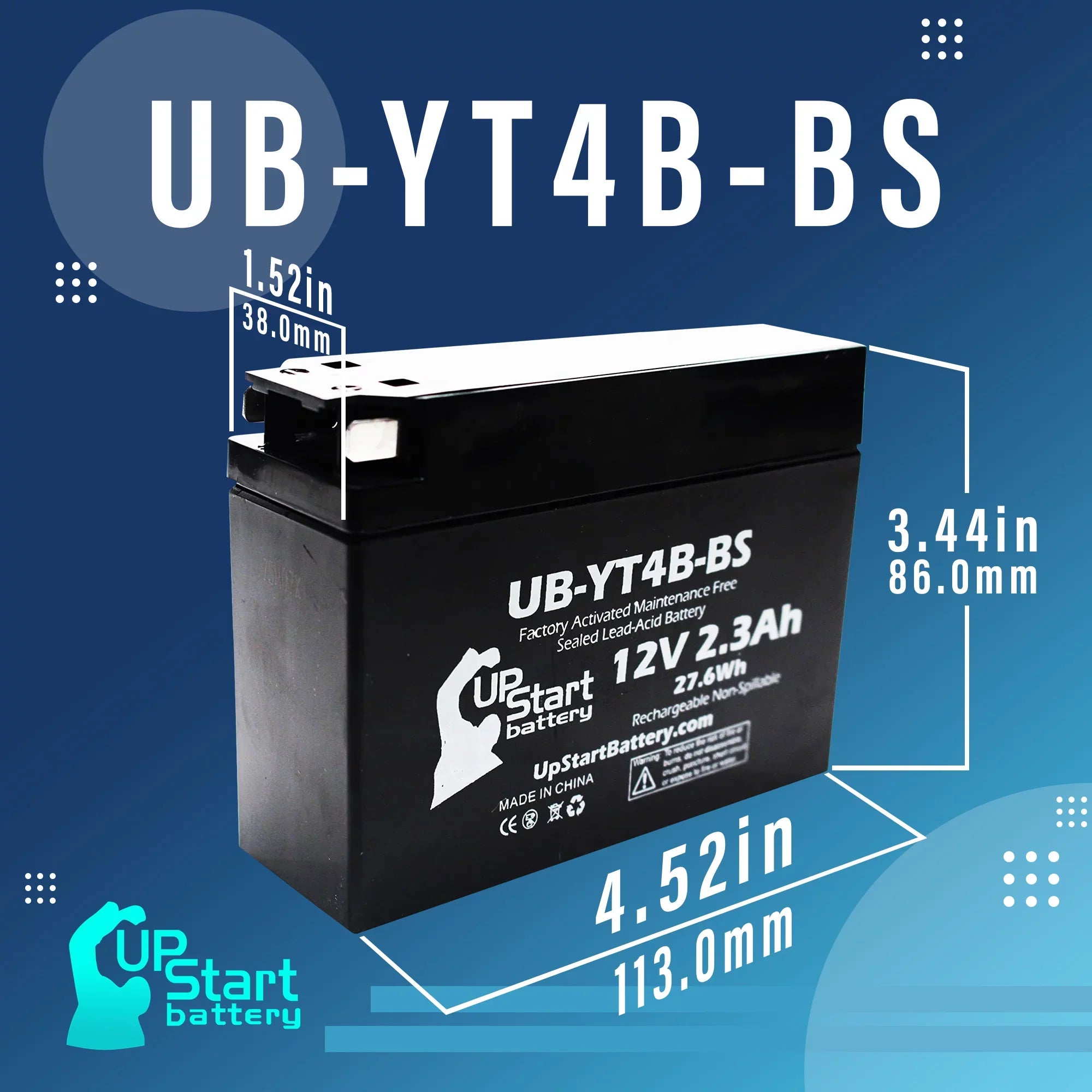 5-Pack UpStart Battery Replacement for 2005 Yamaha SR400 400CC Factory Activated, Maintenance Free, Motorcycle Battery - 12V, 2.3Ah, -YT4B-