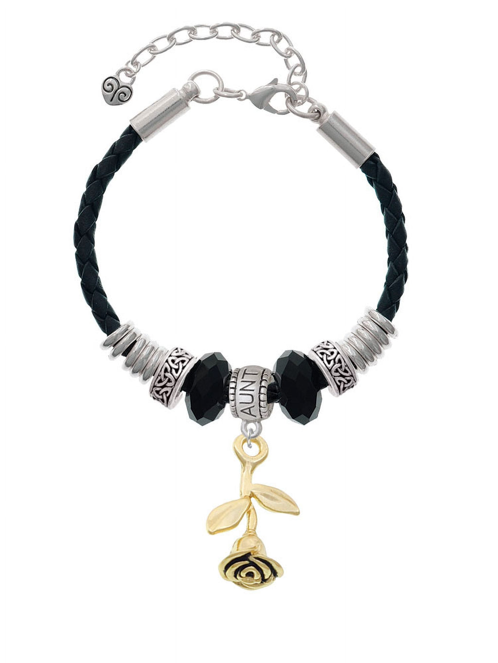 Delight Jewelry Goldtone Stemmed Rose Aunt Celtic Knot Leather Bead Bracelet, 7"+2" Extender