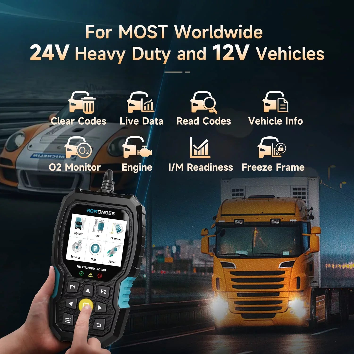 Romondes RD901 Heavy Duty Truck Scanner  OBD2 Scan Tool   Diesel Scanner All System Diagnostic Tool with  Oil Light Reset  Heavy Duty Truck  Car  2 in 1 Code Reader