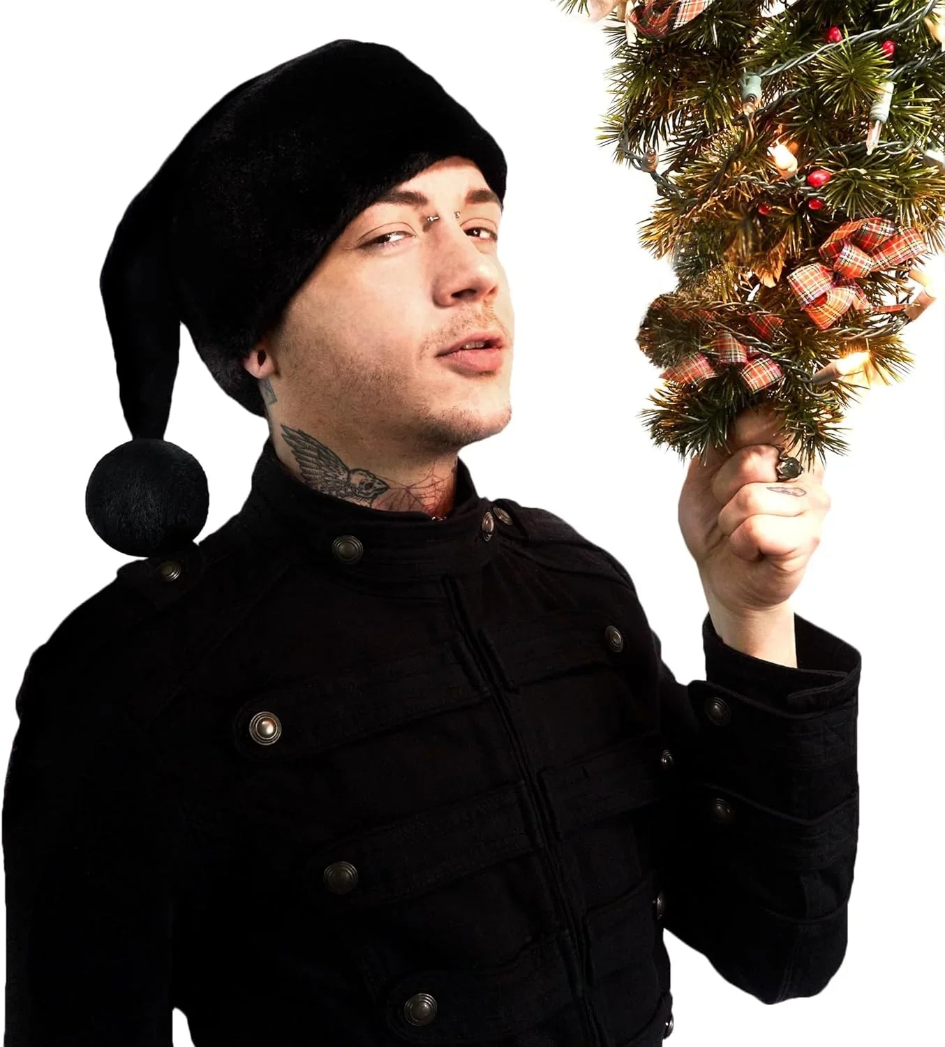 All Black Santa Hat - Faux Fur Black Trim - Gothic Xmas Accessory, Goth Christmas Hat - Adult, 1 Size