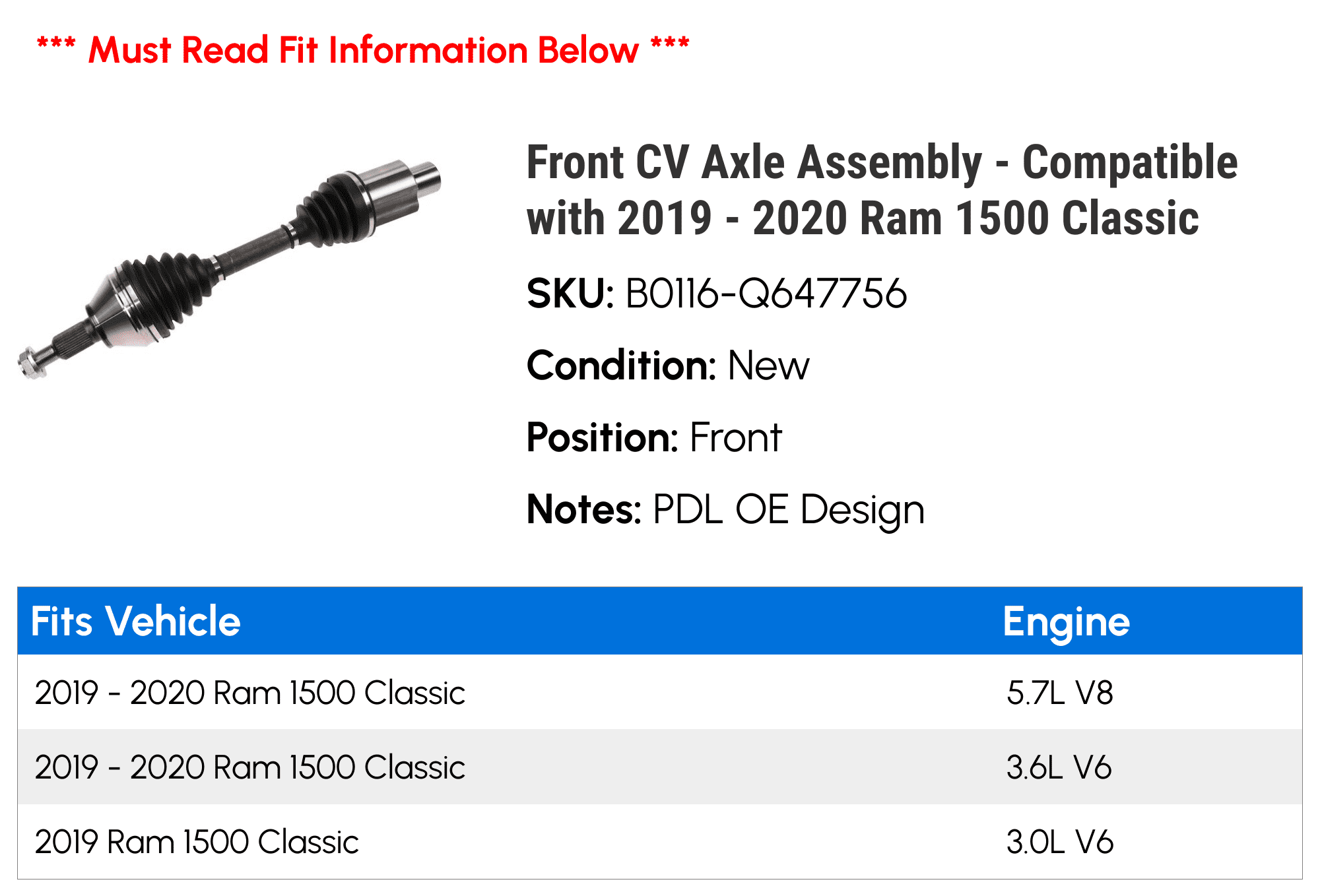 Front  Axle Assembly - Compatible with 2019 - 2020 Ram 1500 Classic