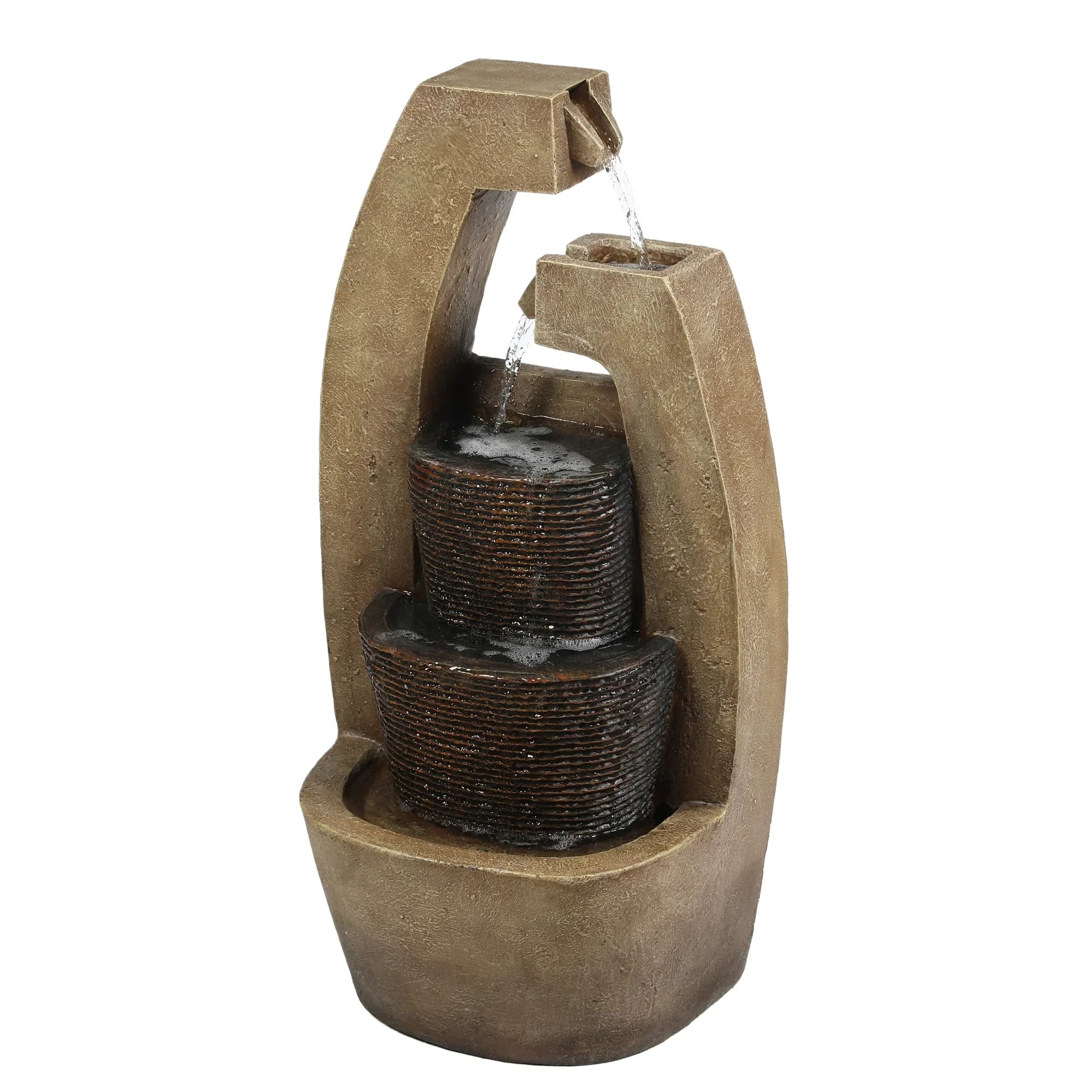 LuxenHome Brown Cement Modern Sculpture Outdoor Fountain with  Light
