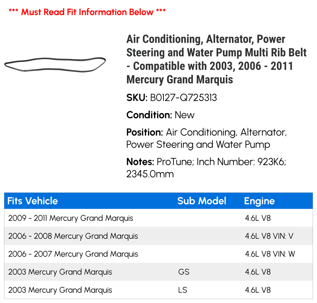 Air Conditioning, Alternator, Power Steering and Water Pump Multi Rib Belt - Compatible with 2003, 2006 - 2011 Mercury Grand Marquis 2007 2008 2009 2010