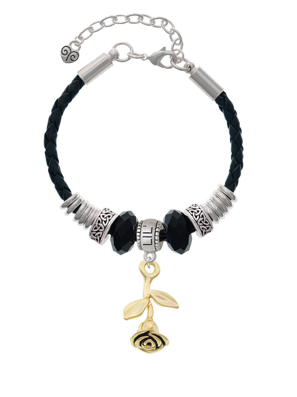 Delight Jewelry Goldtone Stemmed Rose Lil Sister Celtic Knot Leather Bead Bracelet, 7"+2" Extender
