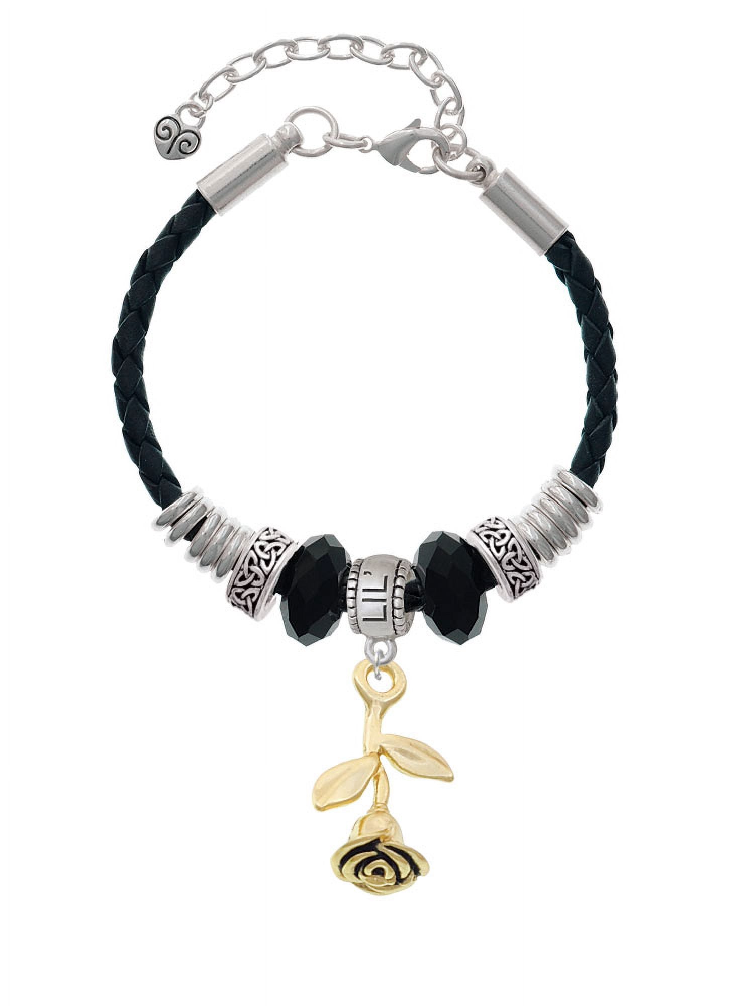 Delight Jewelry Goldtone Stemmed Rose Lil Sister Celtic Knot Leather Bead Bracelet, 7"+2" Extender
