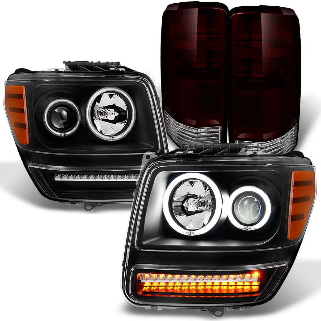 '- For 2007-2012 Nitro Dual  Halo Black Projector  Signal Headlights + Dark Red Tail Lights Combo