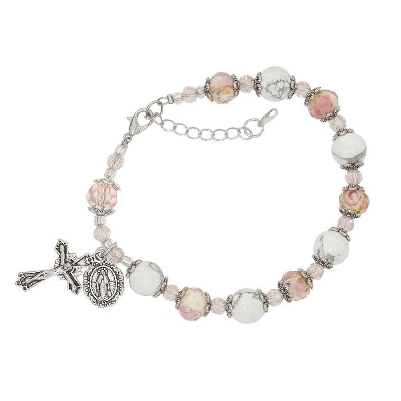 Mcvan BR358 7-8.5 in. Pink Flower & White Stone Beads Bracelet with Adjustable Links