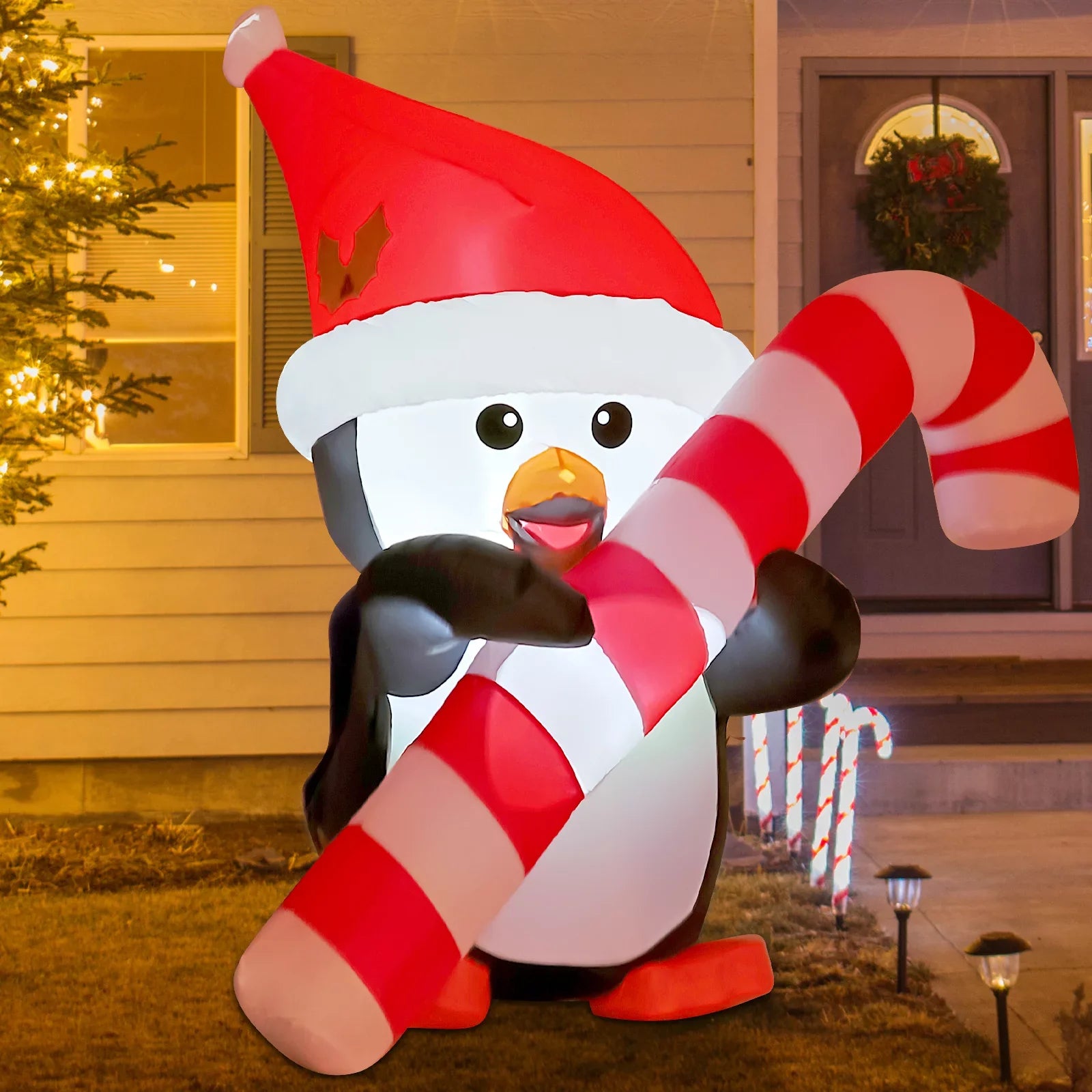 5ft Christmas Inflatables Outdoor Decorations, Blow Up Penguin with Candy Cane Inflatable Built-in LEDs for Christmas Indoor Outdoor Yard Lawn Garden Decorations