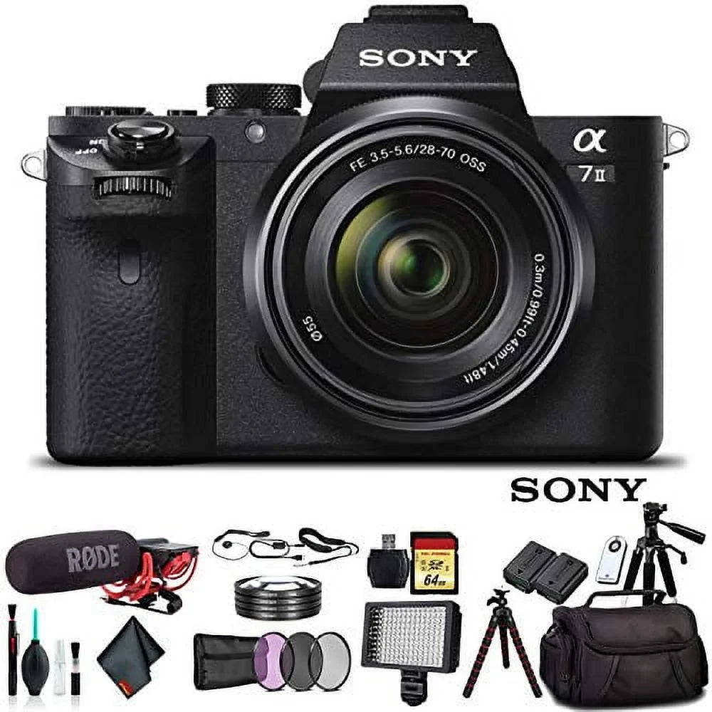 Sony Alpha a7  Mirrorless Camera with  28-70mm f/3.5-5.6  Lens ILCE7M2K/B With Bag, Additional Battery, Rode Mic,  Light, 64GB Memory Card, Sling Soft Bag, , Plus Essential Accessories