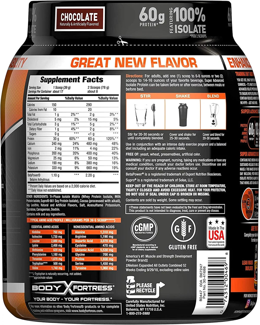 Body Fortress Super Advanced Whey Protein Isolate Powder, Gluten Free, Chocolate, 1.5 lbs (Packaging May Vary)