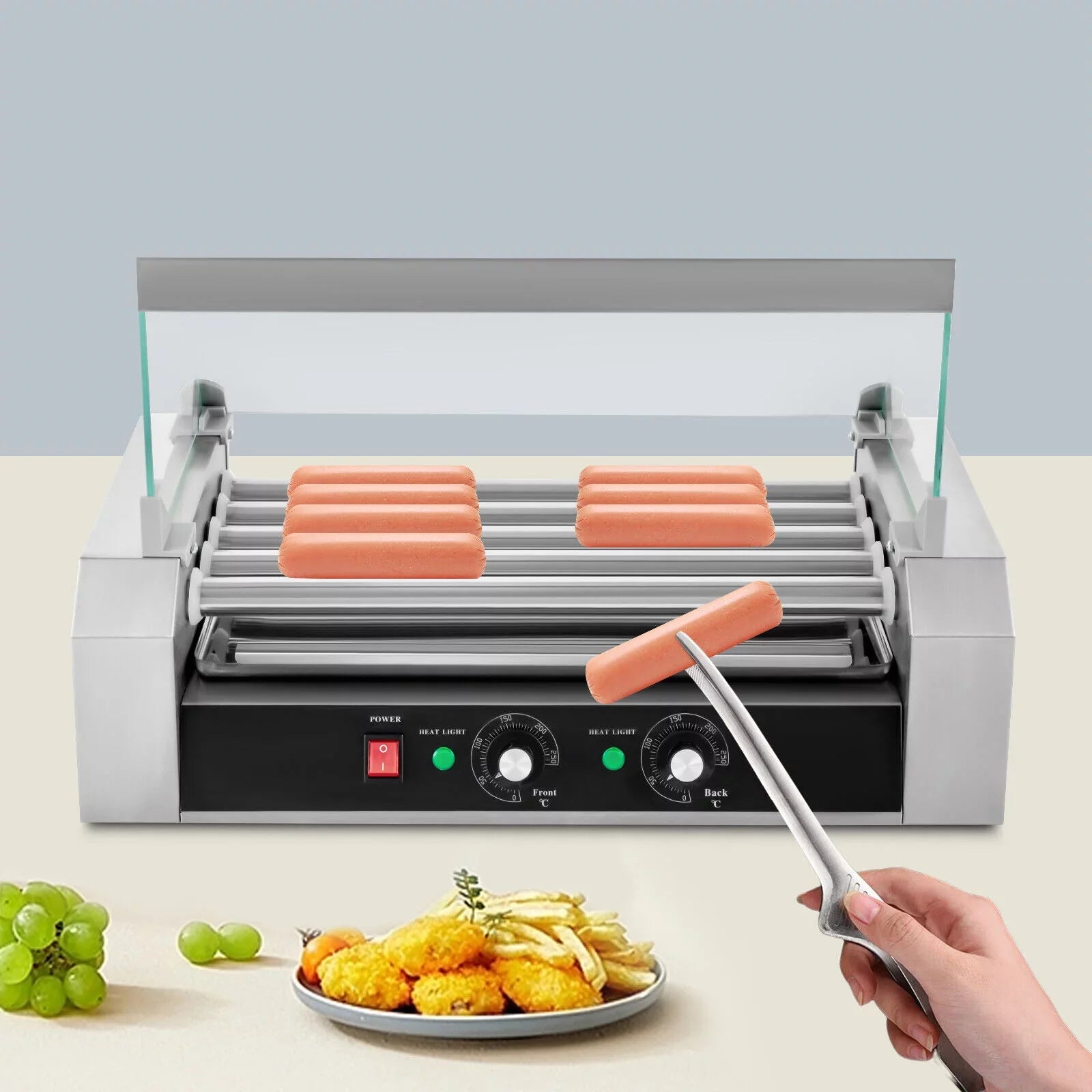 110V Sausage Grilling Machine Set 12-Hot Dog Holds 0-250℃ W/5 Stainless Rollers