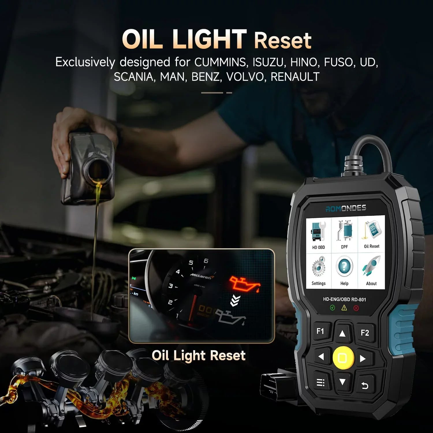 Romondes RD901 Heavy Duty Truck Scanner  OBD2 Scan Tool   Diesel Scanner All System Diagnostic Tool with  Oil Light Reset  Heavy Duty Truck  Car  2 in 1 Code Reader