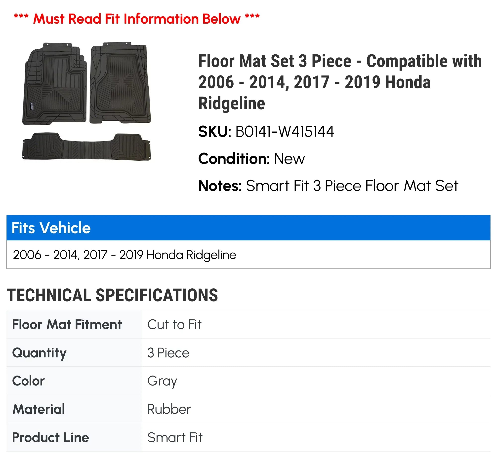 Floor Mat Set 3 Piece - Compatible with 2006 - 2014, 2017 - 2019 Honda Ridgeline 2007 2008 2009 2010 2011 2012 2013 2018