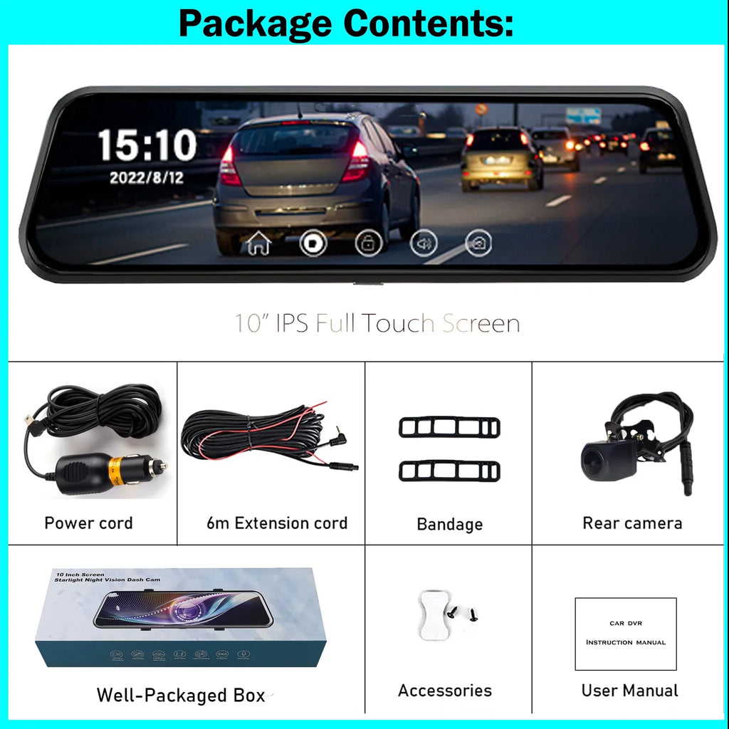 Erago Rear View Mirror Camera Kit:Rear view mirror dash cam Front and Rear  1080P for Car with 10" Full Touch Screen, Waterproof Backup  Camera, Night Vision, G-Sensor, Parking Moniter