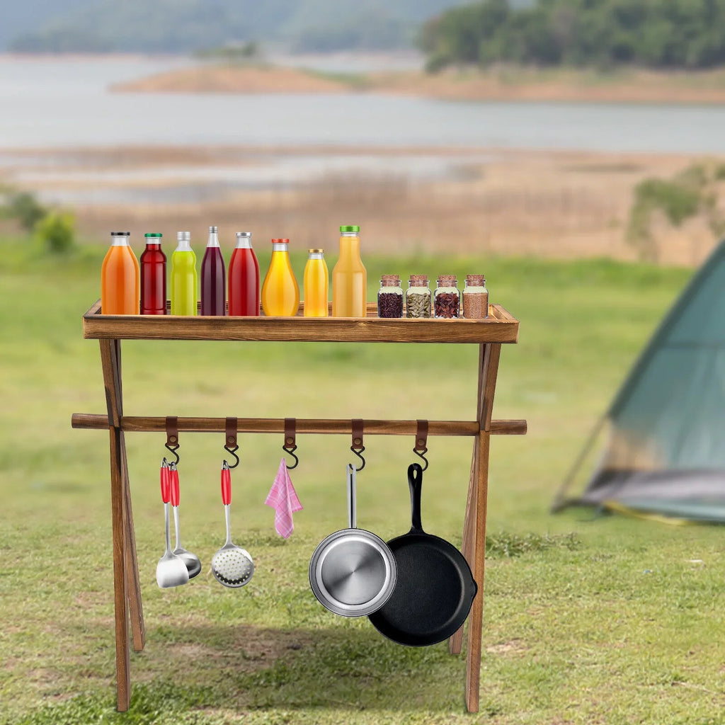 Miumaeov Wooden Portable Picnic Rack Outdoor Grill Rack Storage Table Shelf for Picnic, Camping,