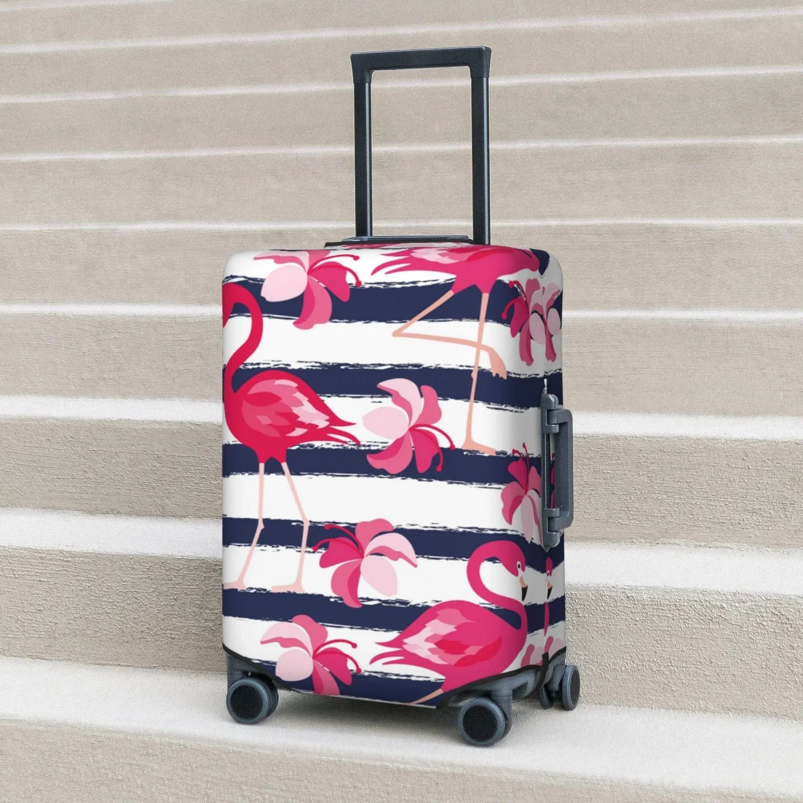 Ocsxa Travel Dust-Proof Suitcase Cover Dark Blue Stripes And Pink Flamingos Print Luggage Cover Protector For 18-32inch