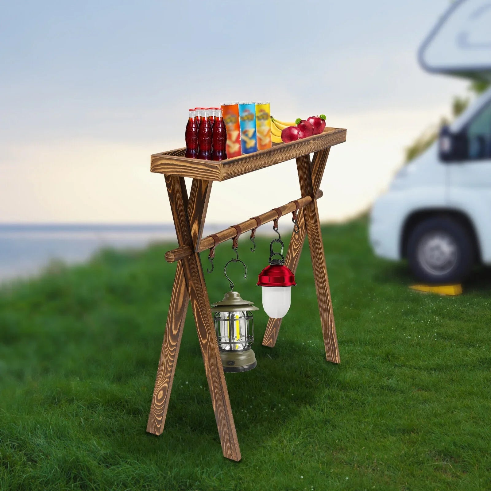 Miumaeov Wooden Portable Picnic Rack Outdoor Grill Rack Storage Table Shelf for Picnic, Camping,